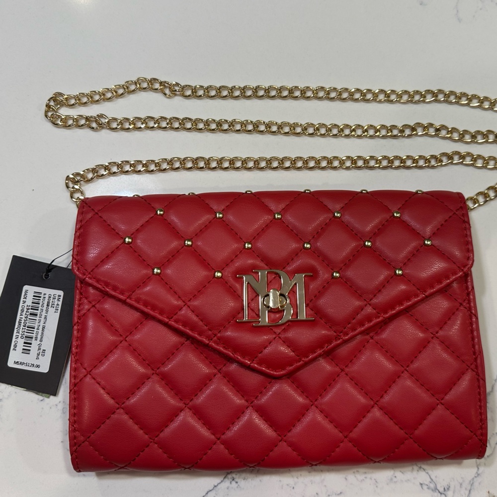 Badgley Mischka Red Quilted Bag with Gold Chain